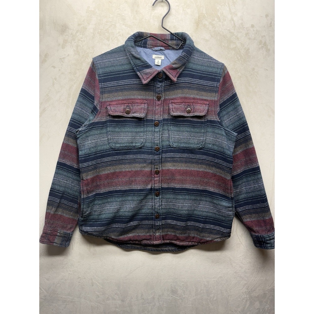 L.L. Bean 1912 Overshirt Womens M Blue Red Stripe Button Up Shacket Shirt Jacket